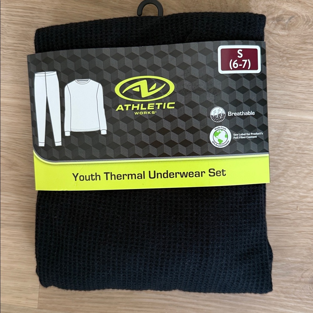 Athletic Works Black Youth Thermal Underwear Set Small 6-7 long Sleeve & bottoms